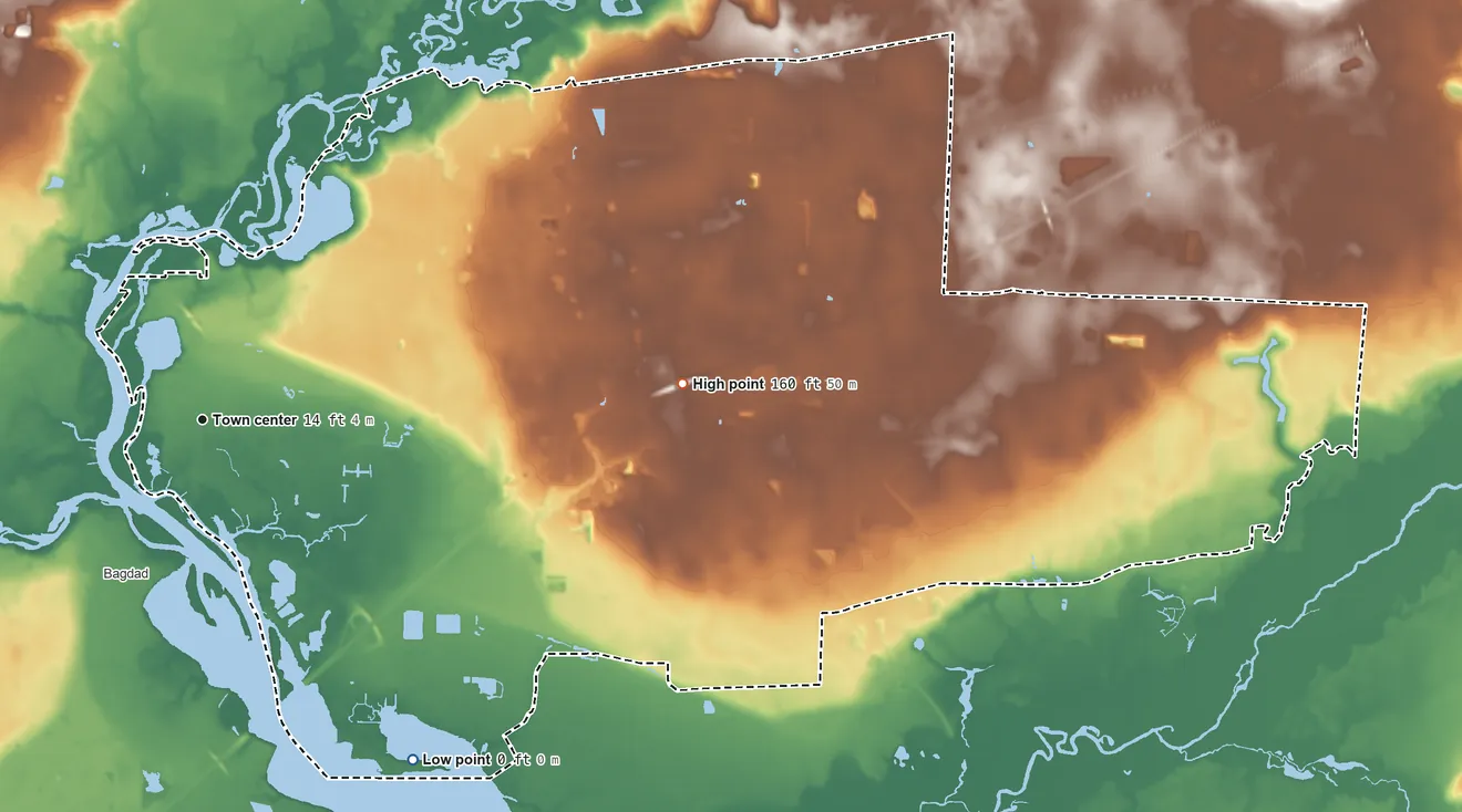 Topographic elevation map of East Milton, Florida, shaded from sea level level on Blackwater Bay to 160 ft on the east side
