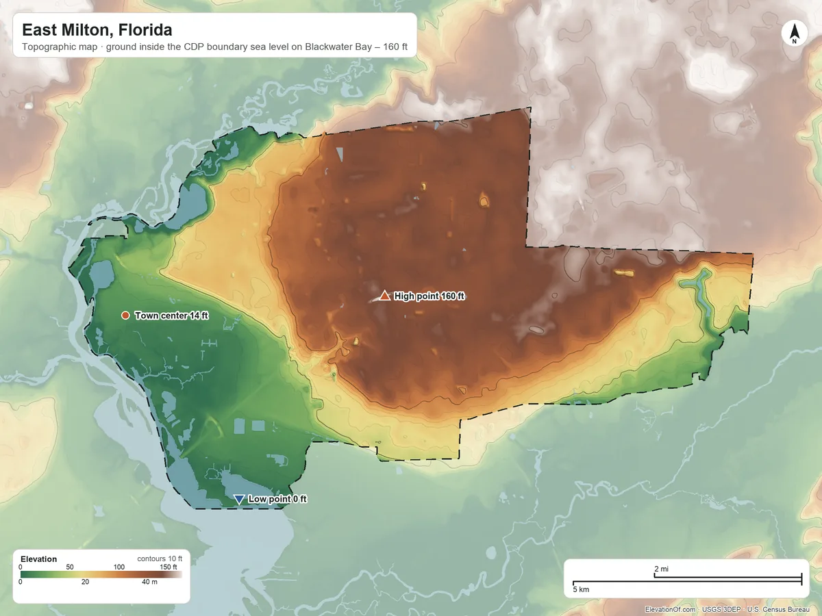 Topographic elevation map of East Milton, Florida, shaded from sea level level on Blackwater Bay to 160 ft on the east side