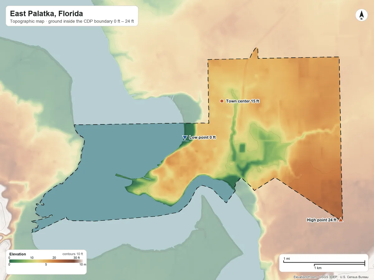 Topographic elevation map of East Palatka, Florida, shaded from 0 ft on the southwest side to 24 ft on the southeast side