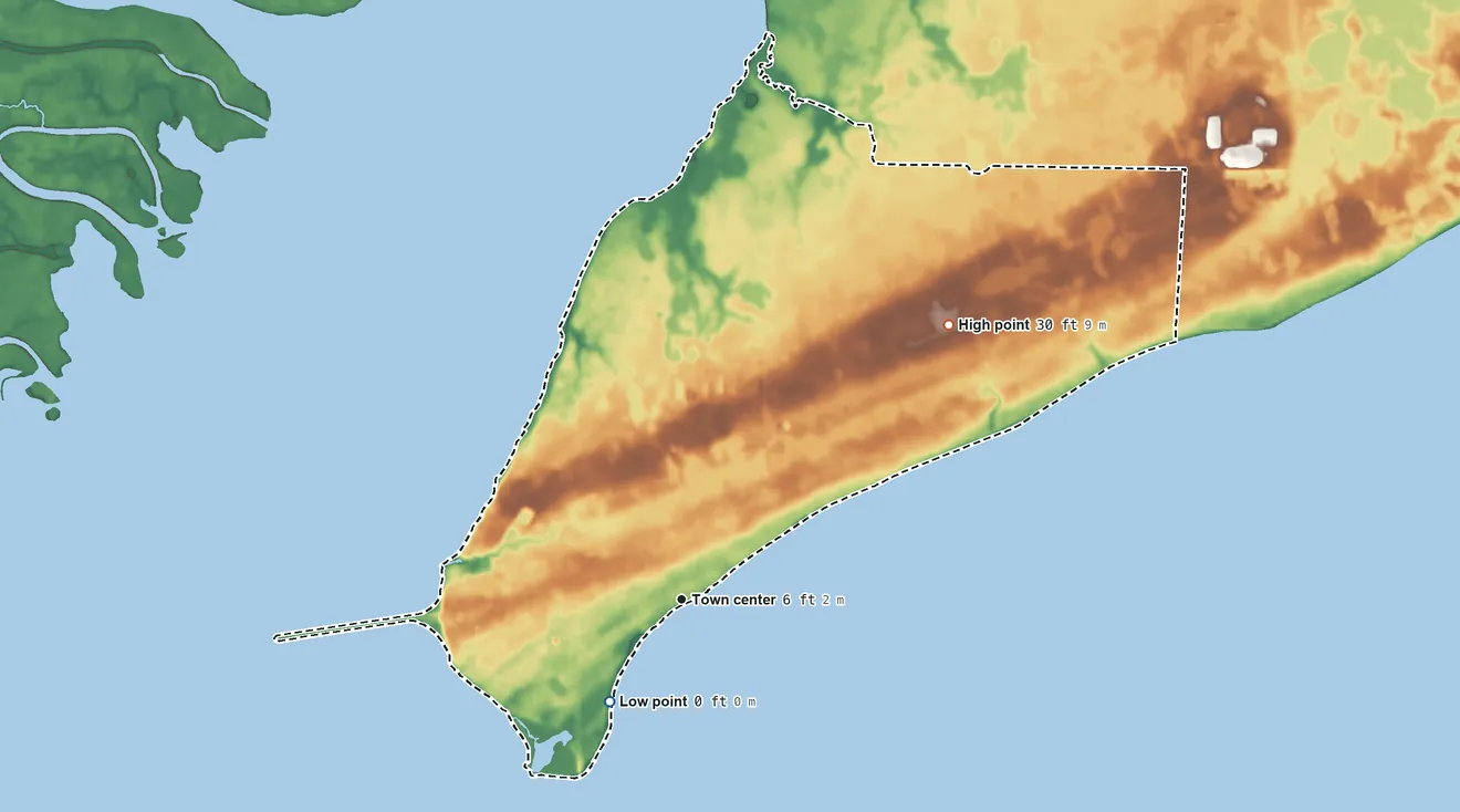 Topographic elevation map of Eastpoint, Florida, shaded from sea level level on Apalachicola Bay to 30 ft on the northeast side