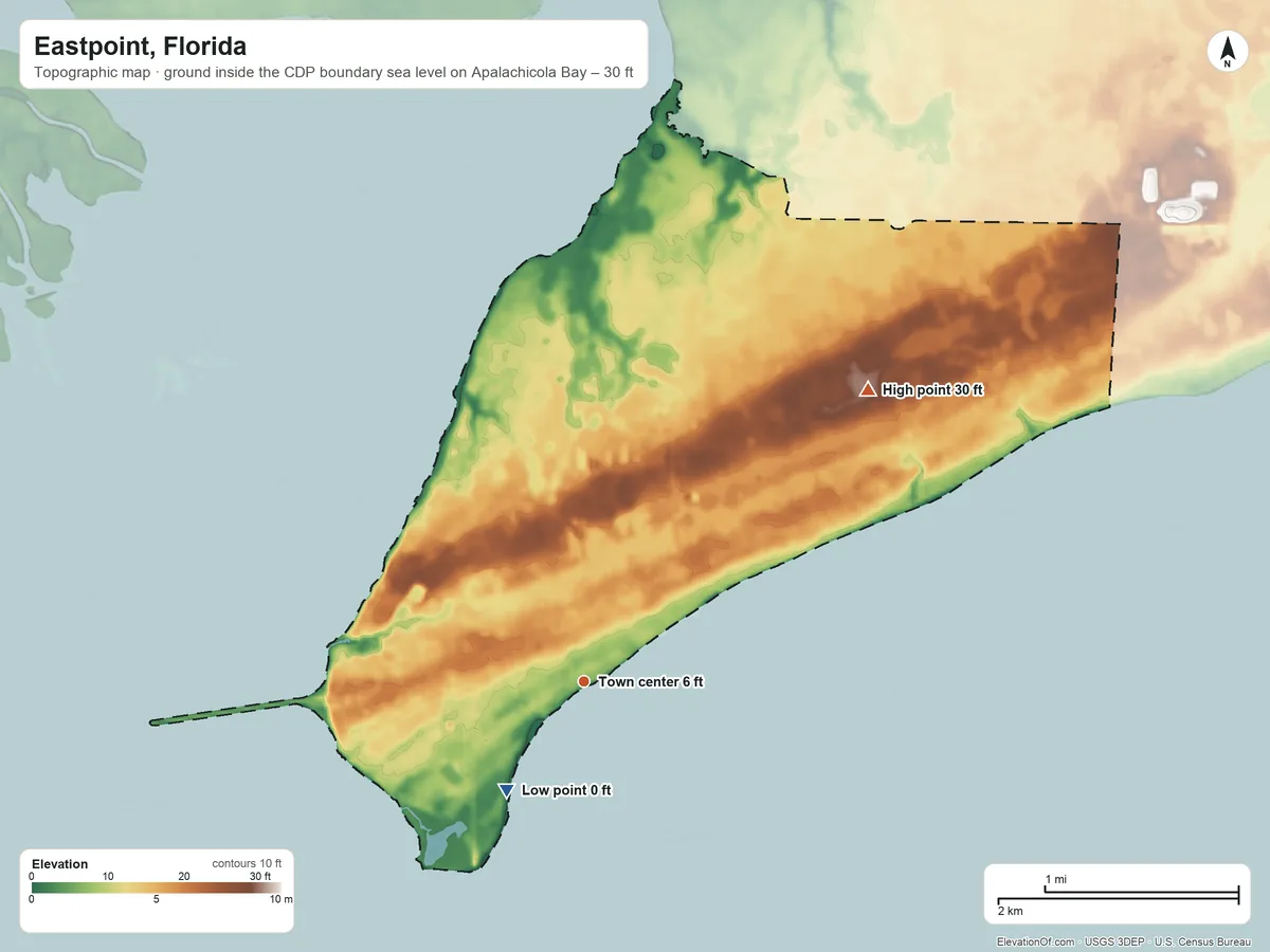 Topographic elevation map of Eastpoint, Florida, shaded from sea level level on Apalachicola Bay to 30 ft on the northeast side