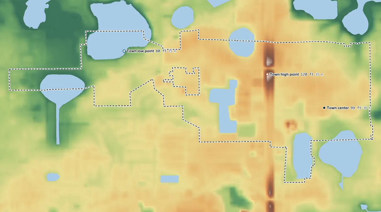Topographic elevation map of Eatonville, Florida, shaded from 80 ft on the west side to 120 ft on the northwest side