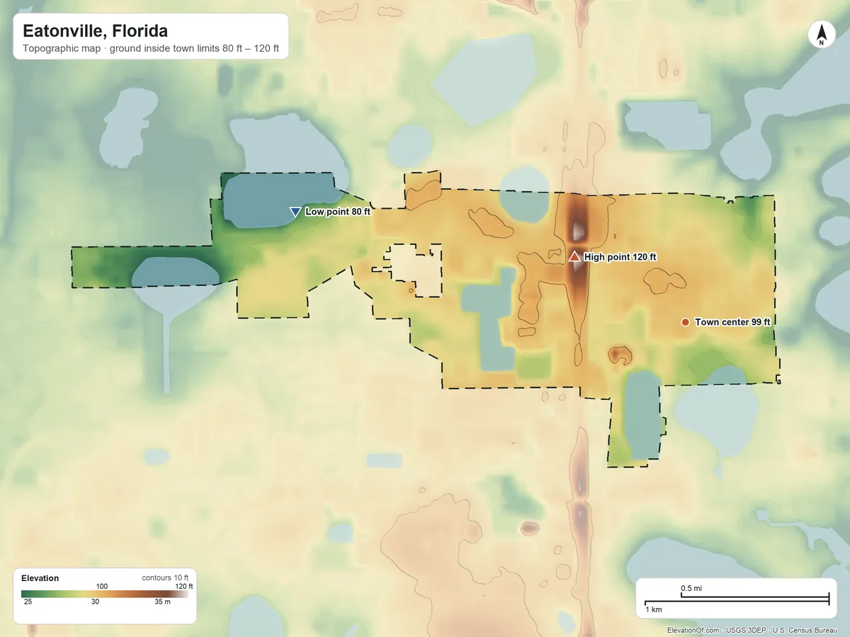 Topographic elevation map of Eatonville, Florida, shaded from 80 ft on the west side to 120 ft on the northwest side