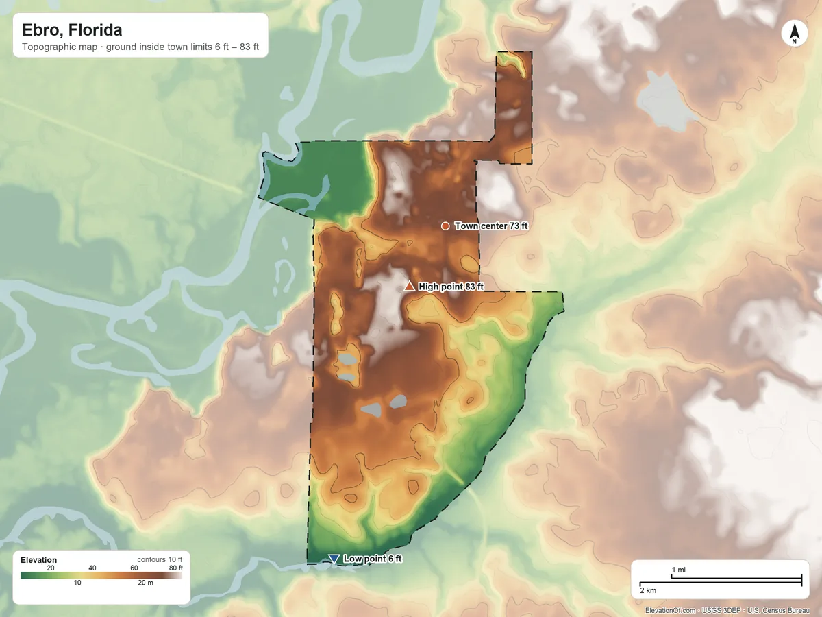 Topographic elevation map of Ebro, Florida, shaded from 6 ft on the south side to 83 ft on the southwest side