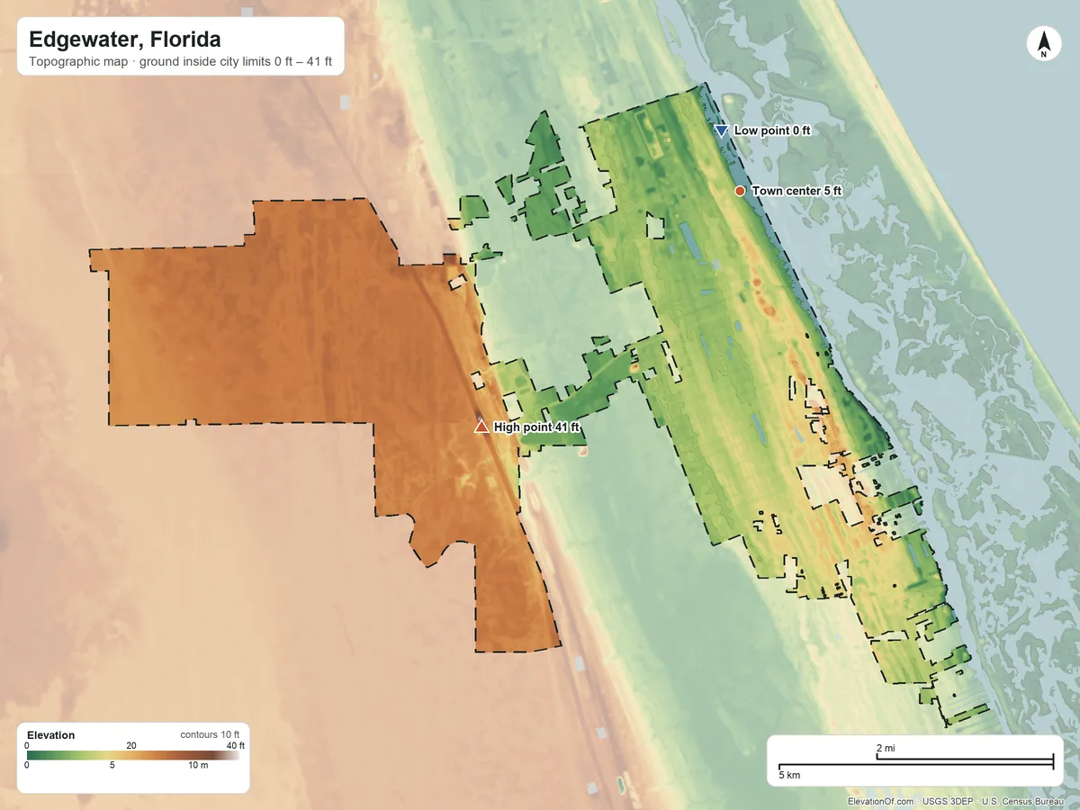 Topographic elevation map of Edgewater, Florida, shaded from 0 ft near the middle to 41 ft on the southwest side