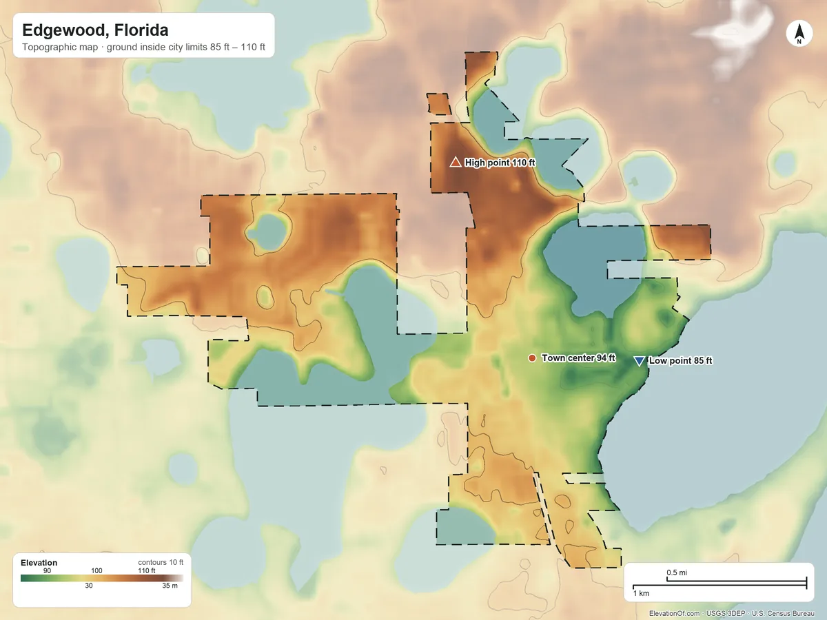 Topographic elevation map of Edgewood, Florida, shaded from 85 ft on the east side to 110 ft on the north side