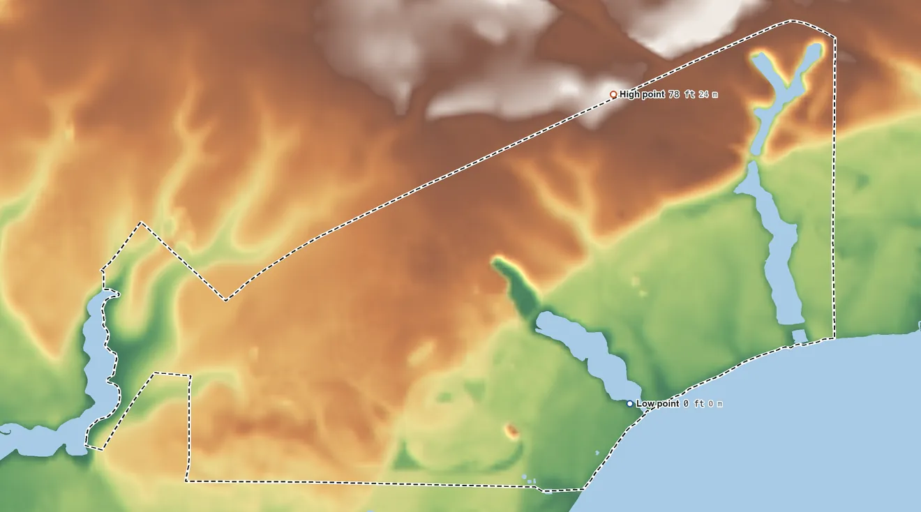 Topographic elevation map of Eglin AFB, Florida, shaded from sea level level on Choctawhatchee Bay to 78 ft on the northeast side