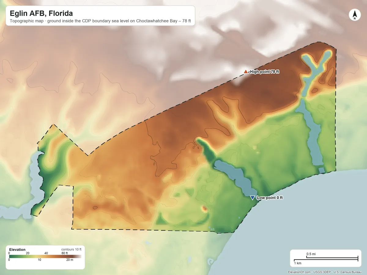 Topographic elevation map of Eglin AFB, Florida, shaded from sea level level on Choctawhatchee Bay to 78 ft on the northeast side