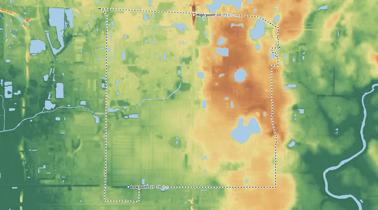 Topographic elevation map of Egypt Lake-Leto, Florida, shaded from 19 ft on the southwest side to 68 ft on the north side