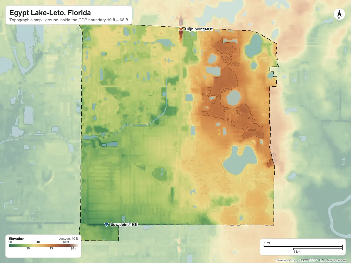 Topographic elevation map of Egypt Lake-Leto, Florida, shaded from 19 ft on the southwest side to 68 ft on the north side