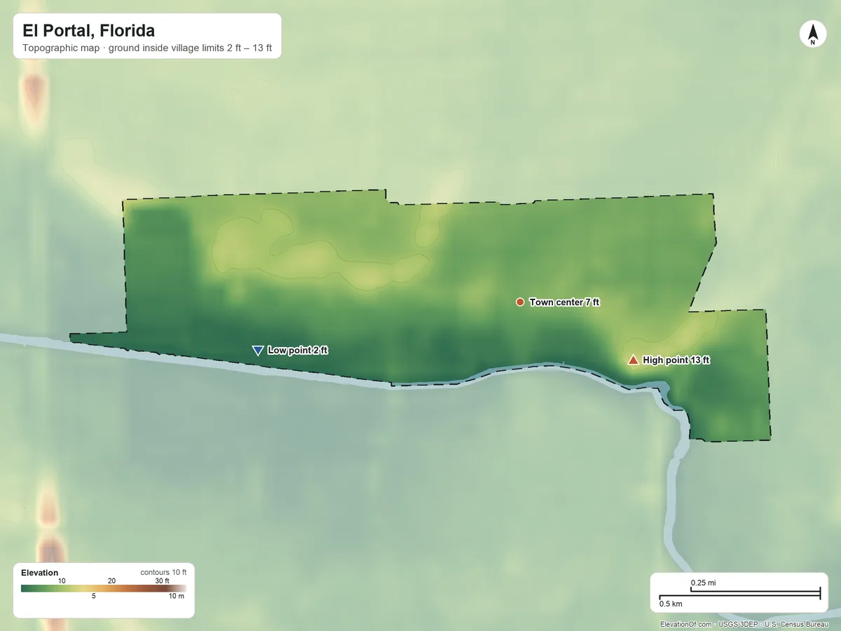 Topographic elevation map of El Portal, Florida, shaded from 2 ft on the west side to 13 ft on the southeast side