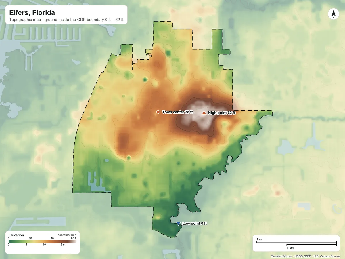 Topographic elevation map of Elfers, Florida, shaded from 0 ft on the south side to 62 ft on the east side