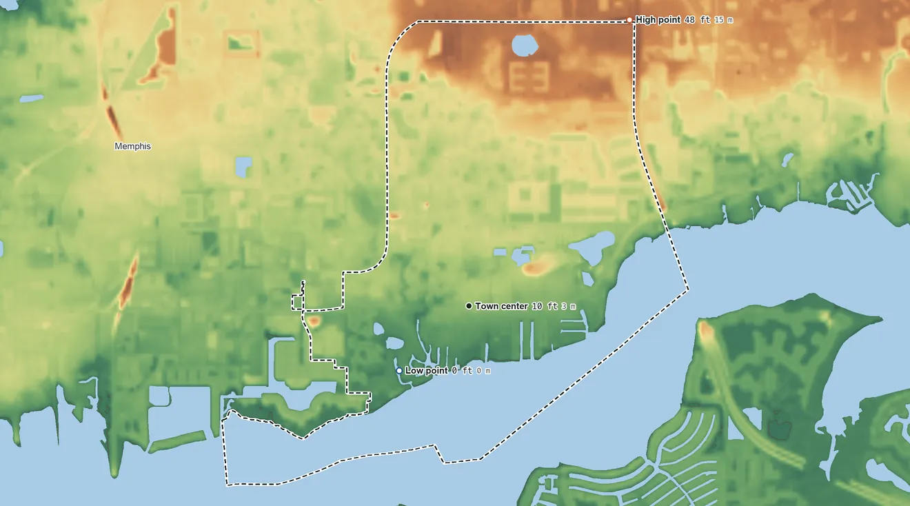 Topographic elevation map of Ellenton, Florida, shaded from 0 ft on the southwest side to 48 ft on the northeast side