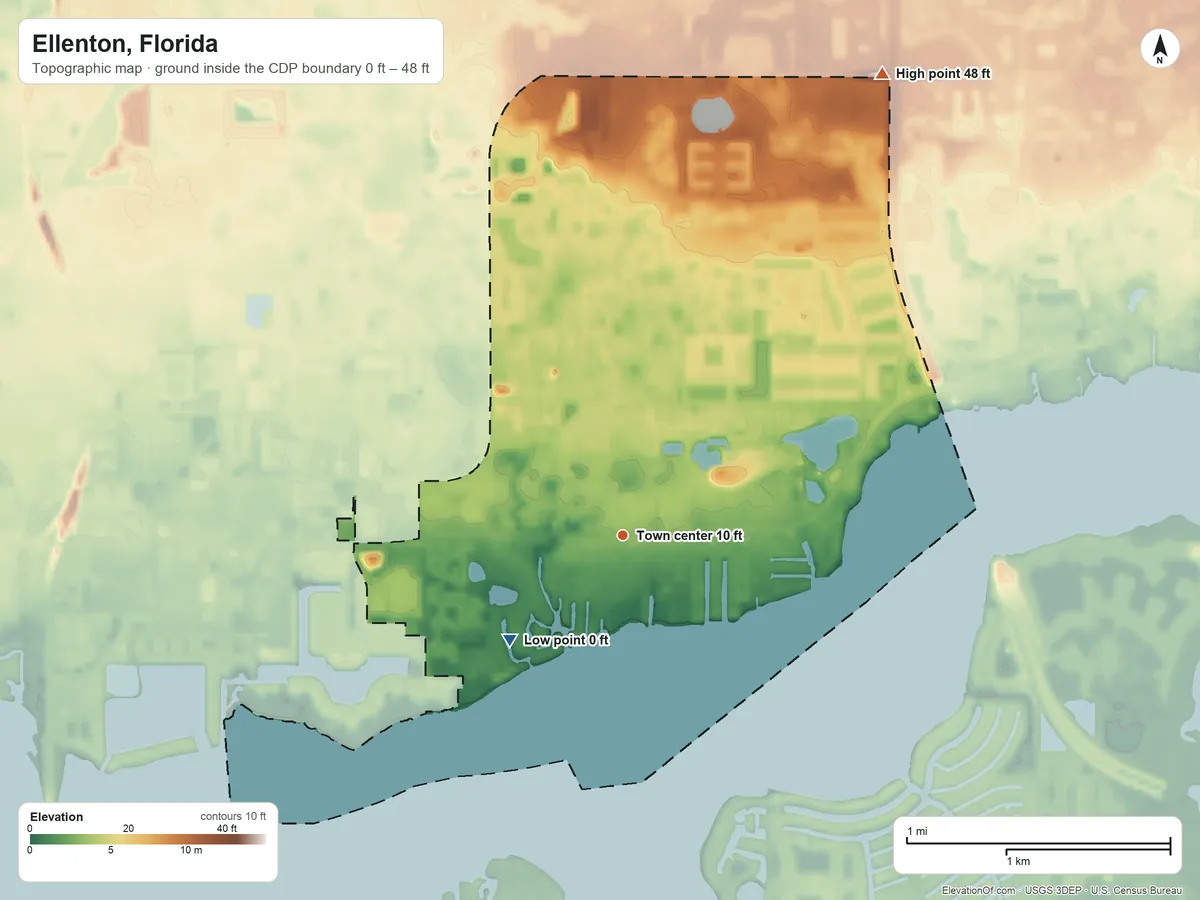 Topographic elevation map of Ellenton, Florida, shaded from 0 ft on the southwest side to 48 ft on the northeast side