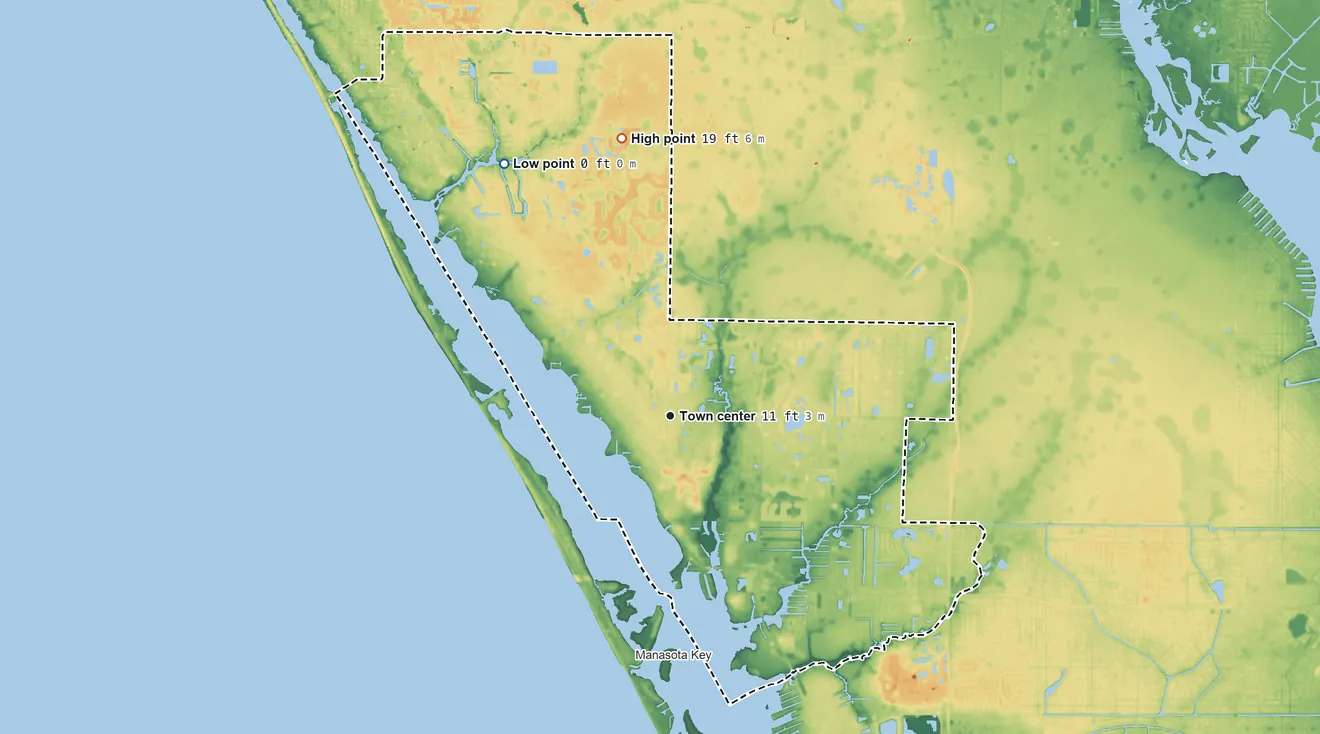 Topographic elevation map of Englewood, Florida, shaded from sea level level on Lemon Bay to 19 ft on the north side