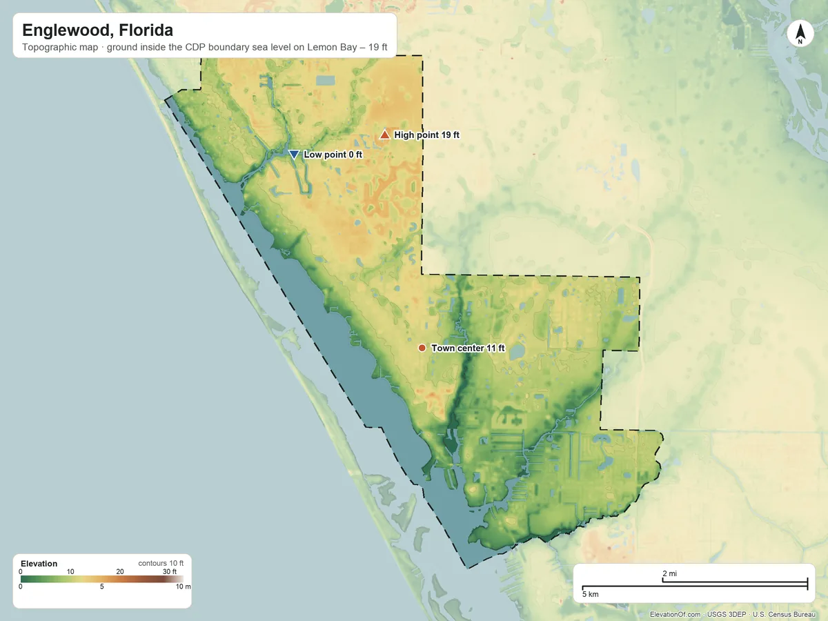 Topographic elevation map of Englewood, Florida, shaded from sea level level on Lemon Bay to 19 ft on the north side