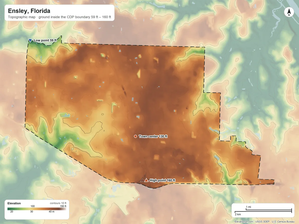 Topographic elevation map of Ensley, Florida, shaded from 59 ft on the northwest side to 160 ft on the south side