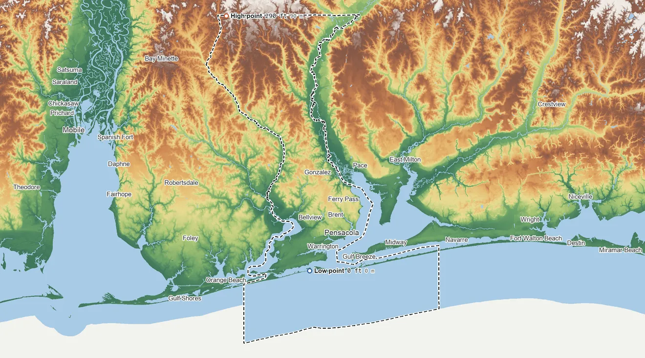 Topographic elevation map of Escambia County, Florida, shaded from sea level on the Gulf of America to 290 ft on the northwest side