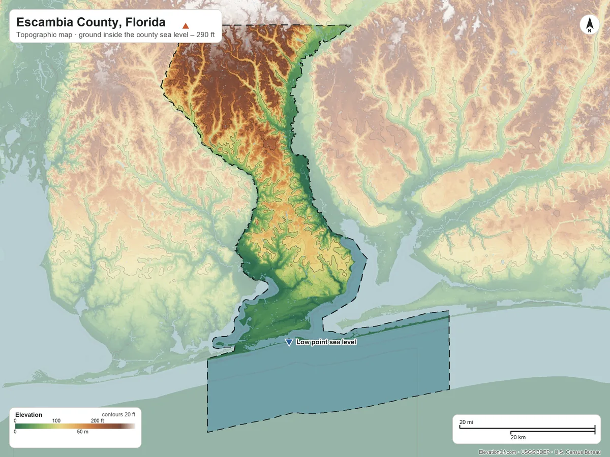 Topographic elevation map of Escambia County, Florida, shaded from sea level on the Gulf of America to 290 ft on the northwest side