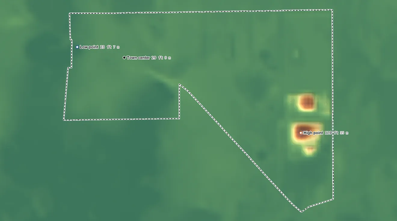 Topographic elevation map of Espanola, Florida, shaded from 23 ft on the west side to 120 ft on the southeast side