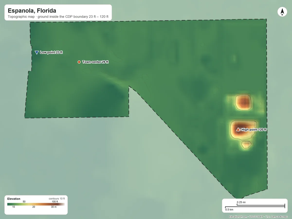Topographic elevation map of Espanola, Florida, shaded from 23 ft on the west side to 120 ft on the southeast side