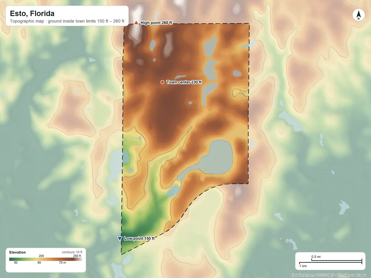 Topographic elevation map of Esto, Florida, shaded from 150 ft on the south side to 260 ft on the northwest side