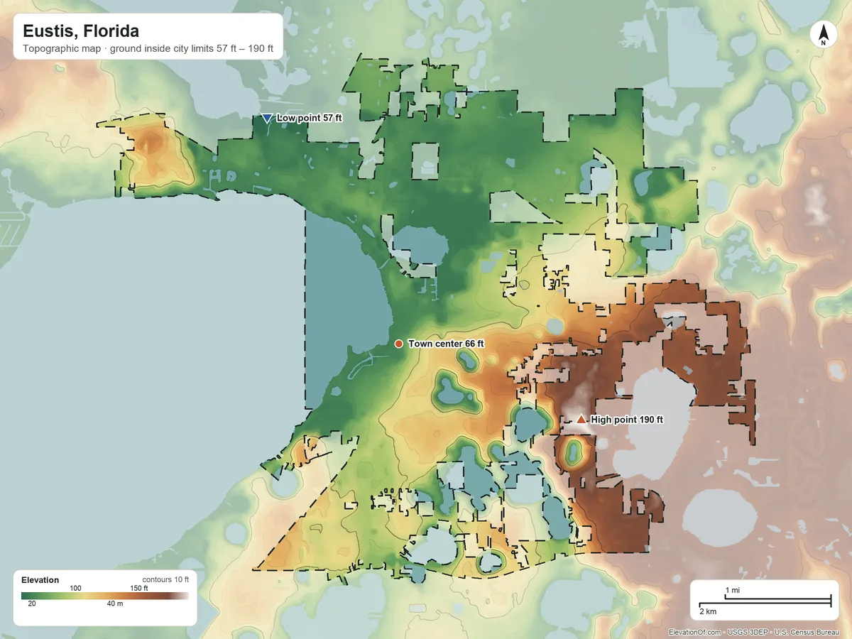 Topographic elevation map of Eustis, Florida, shaded from 57 ft on the northwest side to 190 ft on the southeast side