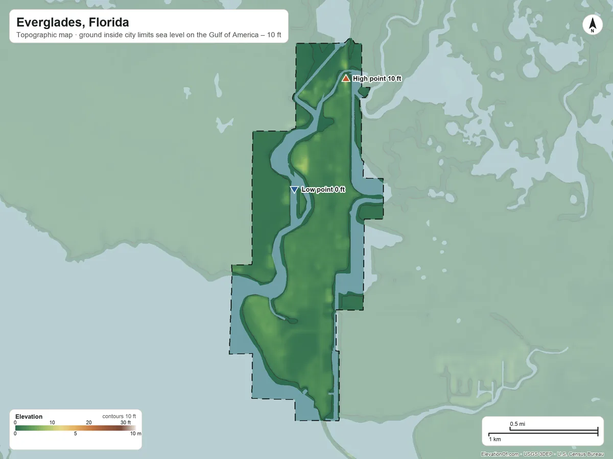 Topographic elevation map of Everglades, Florida, shaded from sea level level on the Gulf of America to 10 ft on the north side