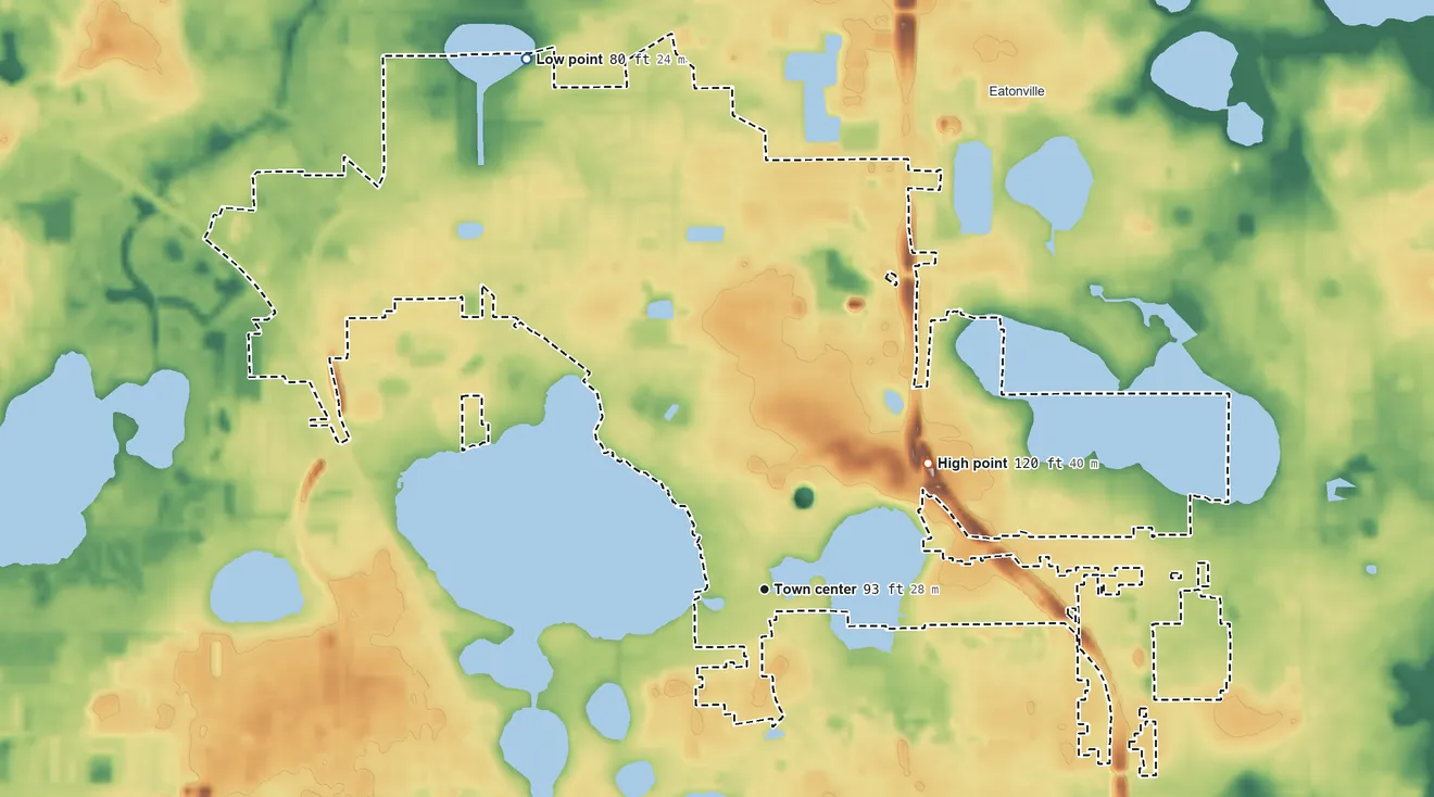 Topographic elevation map of Fairview Shores, Florida, shaded from 80 ft on the northwest side to 120 ft on the northeast side