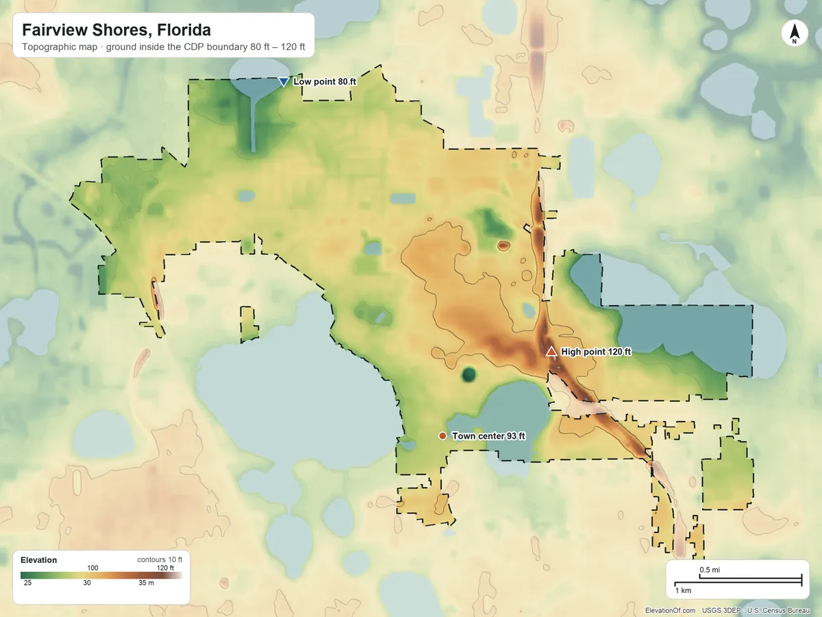 Topographic elevation map of Fairview Shores, Florida, shaded from 80 ft on the northwest side to 120 ft on the northeast side