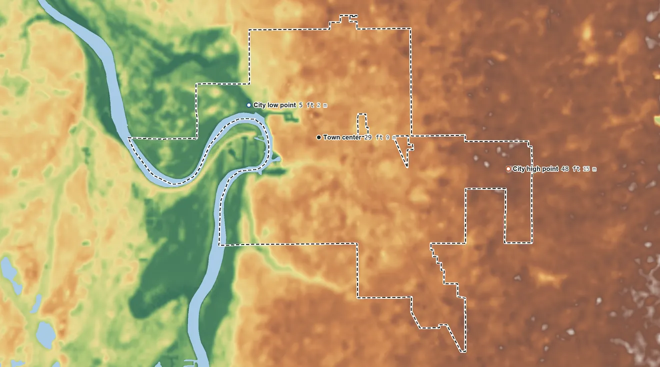 Topographic elevation map of Fanning Springs, Florida, shaded from 5 ft on the northwest side to 48 ft on the east side