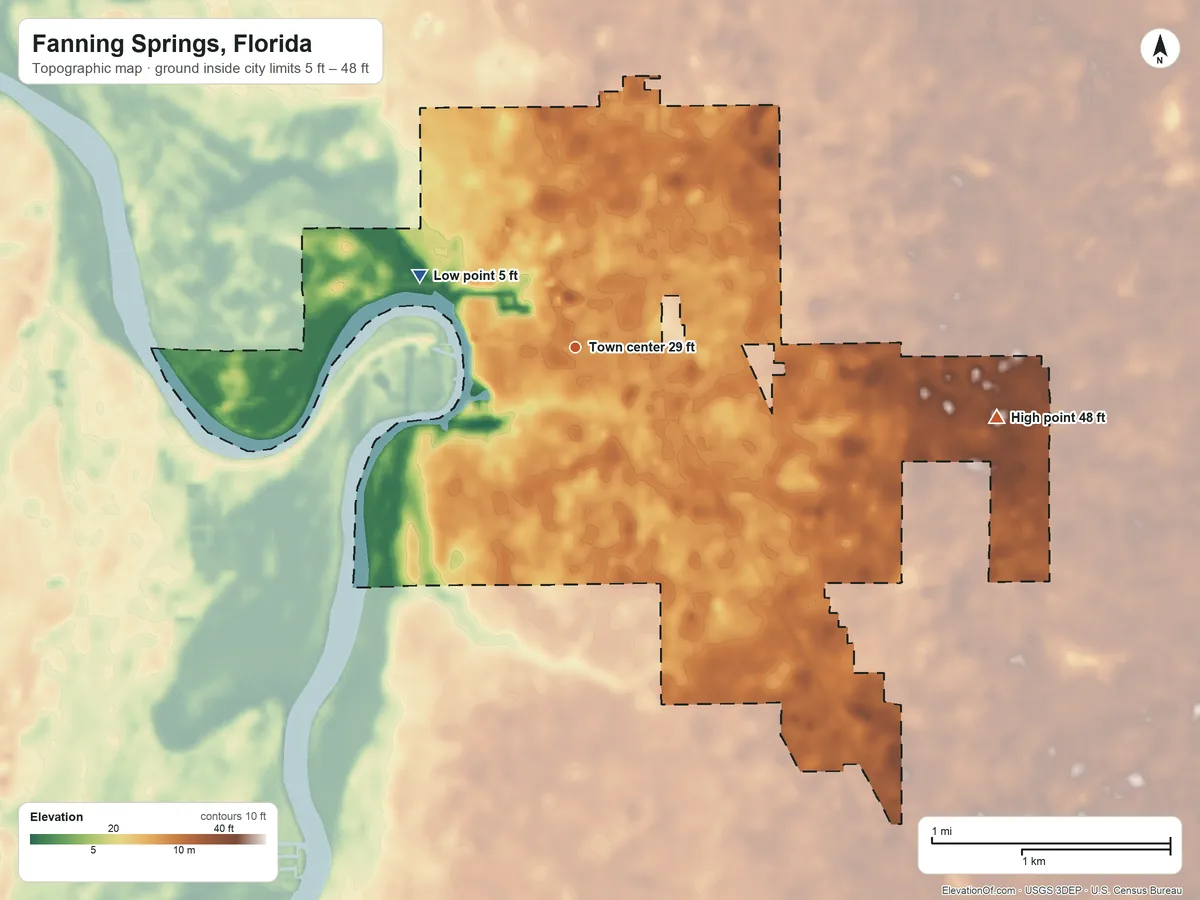 Topographic elevation map of Fanning Springs, Florida, shaded from 5 ft on the northwest side to 48 ft on the east side