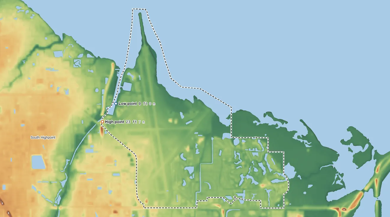 Topographic elevation map of Feather Sound, Florida, shaded from sea level level on Old Tampa Bay to 23 ft on the west side