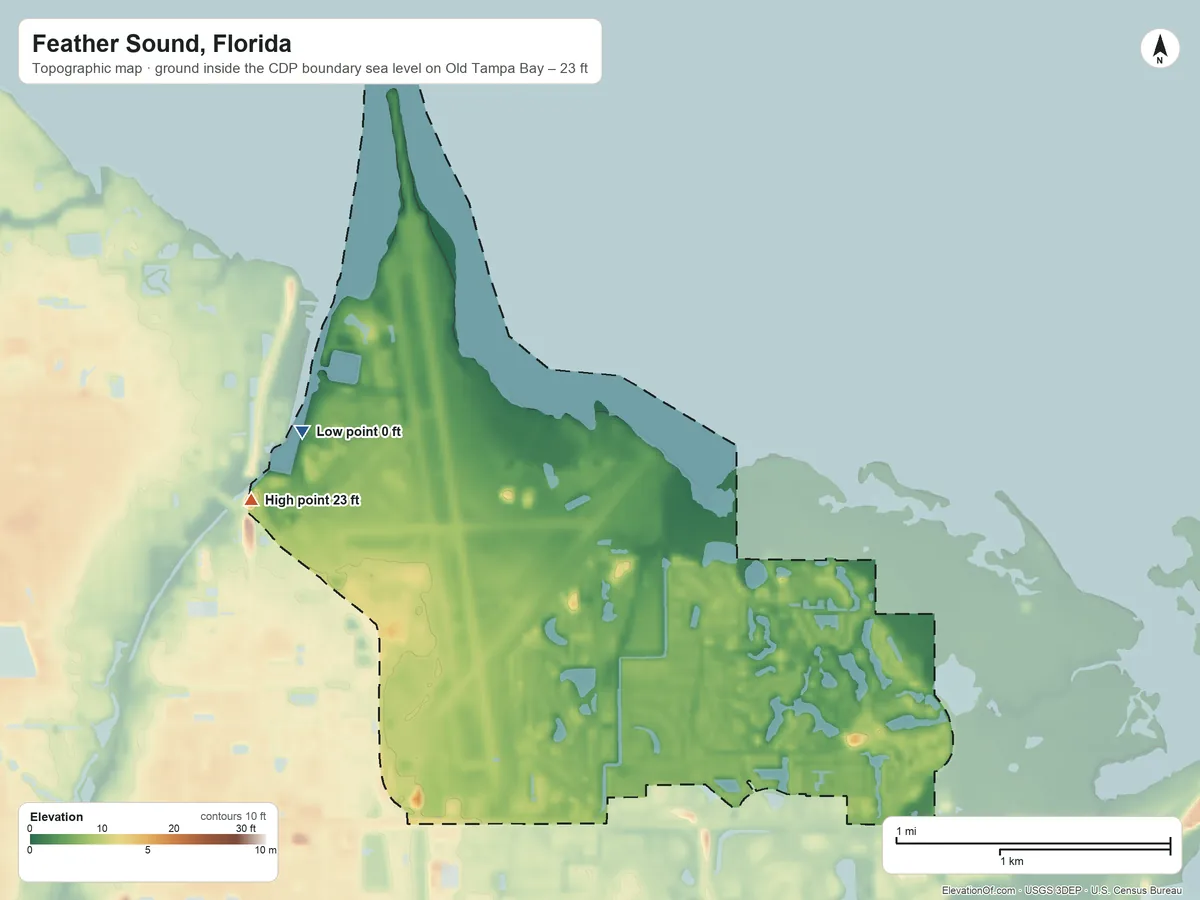 Topographic elevation map of Feather Sound, Florida, shaded from sea level level on Old Tampa Bay to 23 ft on the west side