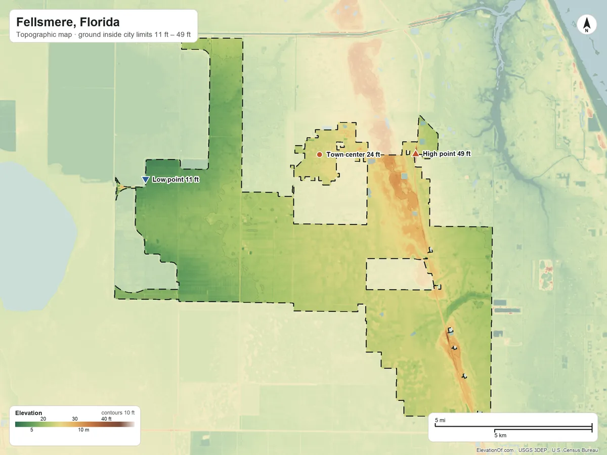 Topographic elevation map of Fellsmere, Florida, shaded from 11 ft on the west side to 49 ft on the east side