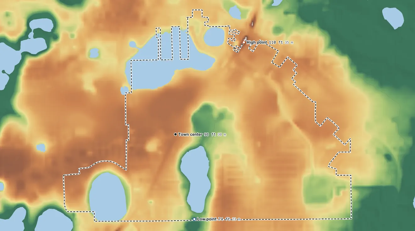 Topographic elevation map of Fern Park, Florida, shaded from 74 ft on the south side to 110 ft on the northeast side
