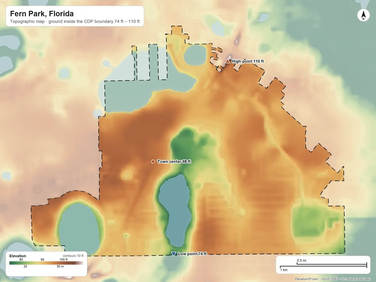 Topographic elevation map of Fern Park, Florida, shaded from 74 ft on the south side to 110 ft on the northeast side