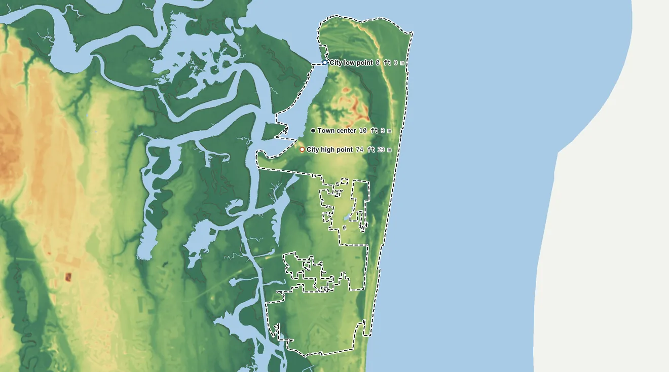 Topographic elevation map of Fernandina Beach, Florida, shaded from sea level level on the Atlantic Ocean to 74 ft near the middle