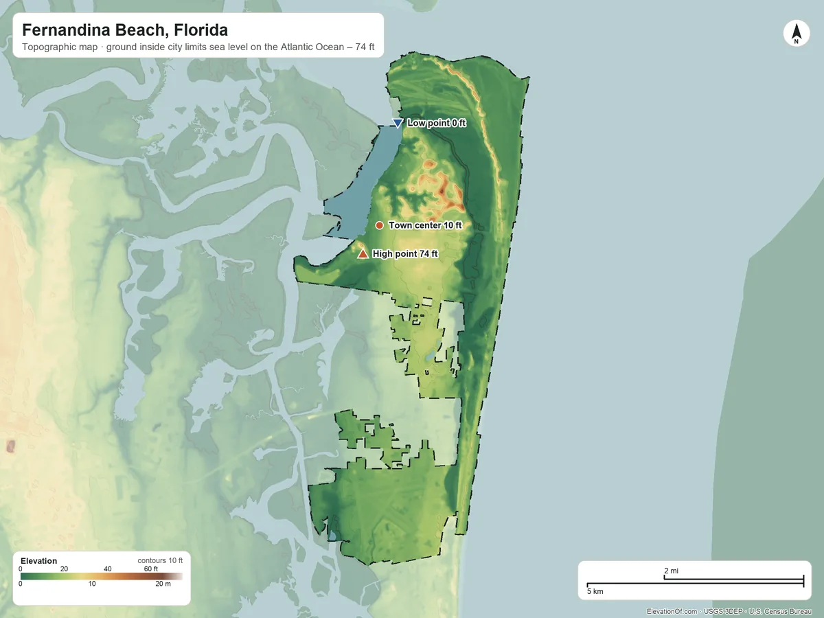 Topographic elevation map of Fernandina Beach, Florida, shaded from sea level level on the Atlantic Ocean to 74 ft near the middle