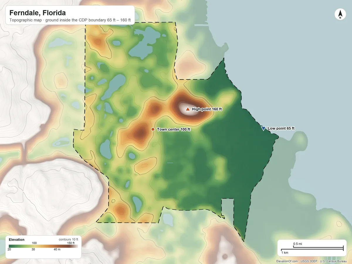 Topographic elevation map of Ferndale, Florida, shaded from 65 ft on the east side to 160 ft on the northeast side