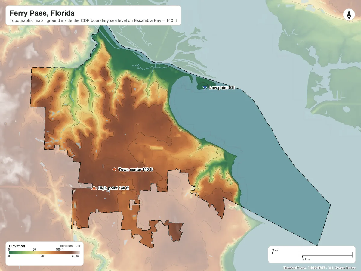 Topographic elevation map of Ferry Pass, Florida, shaded from sea level level on Escambia Bay to 140 ft near the middle