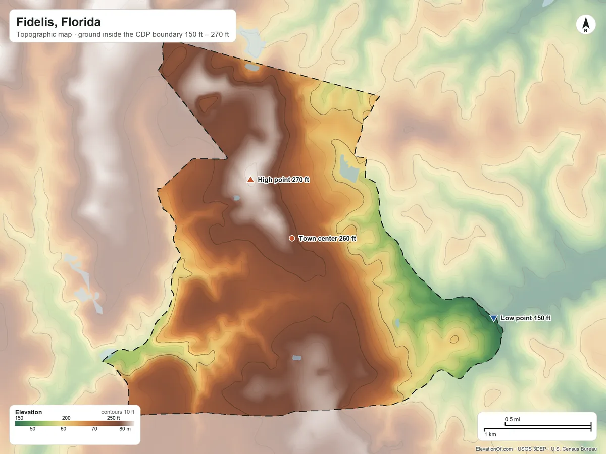 Topographic elevation map of Fidelis, Florida, shaded from 150 ft on the east side to 270 ft on the northwest side