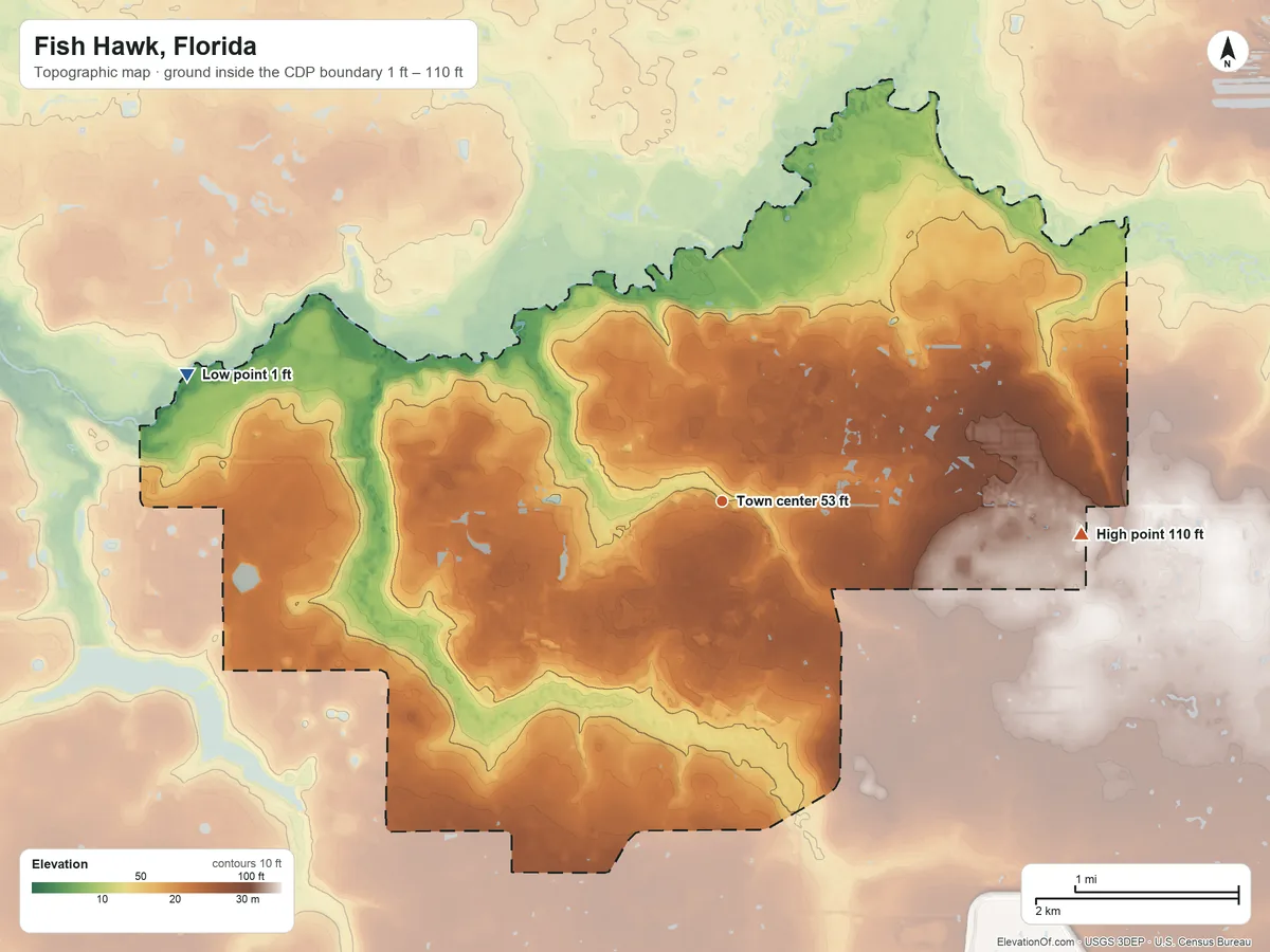 Topographic elevation map of Fish Hawk, Florida, shaded from 1 ft on the west side to 110 ft on the east side