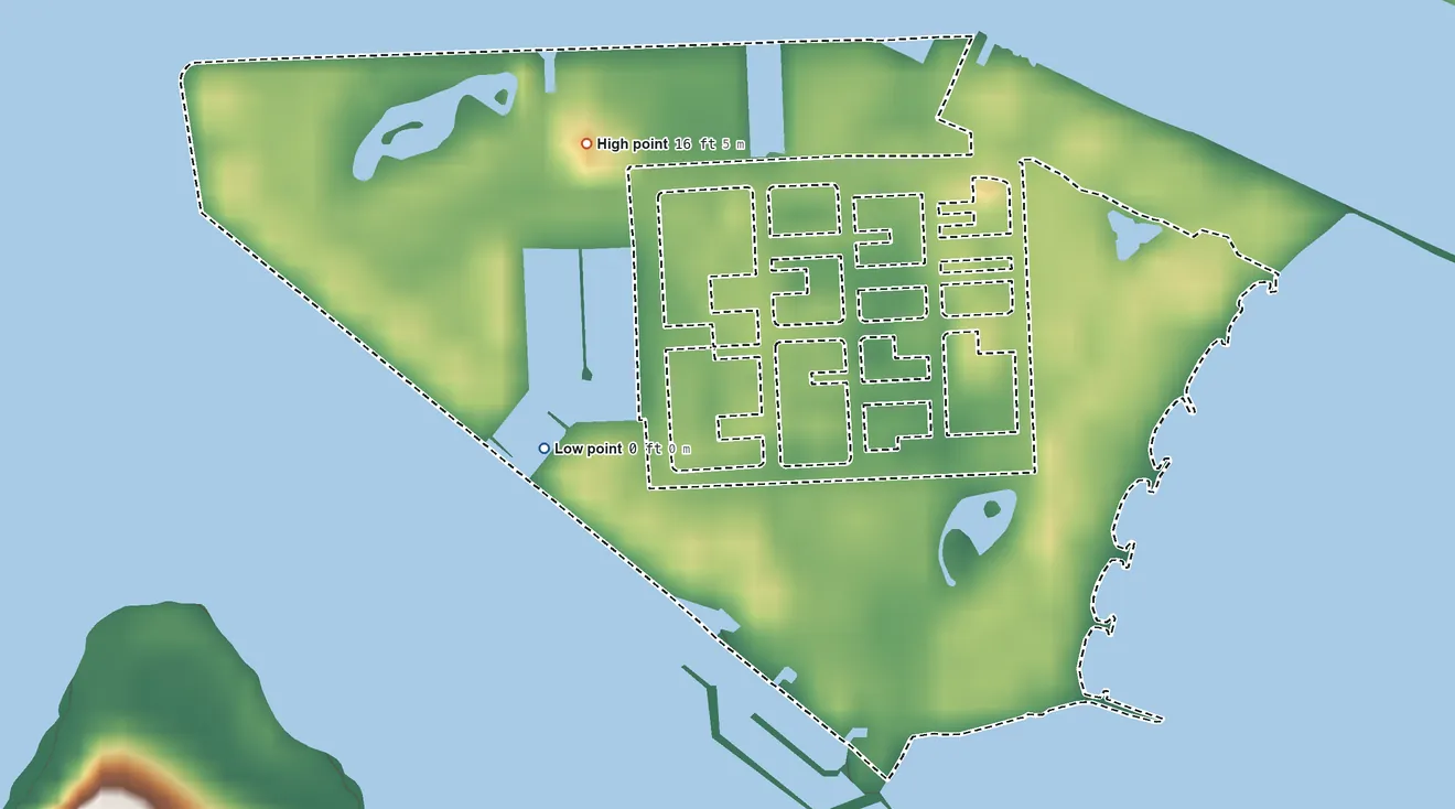 Topographic elevation map of Fisher Island, Florida, shaded from sea level level on Biscayne Bay to 16 ft on the north side