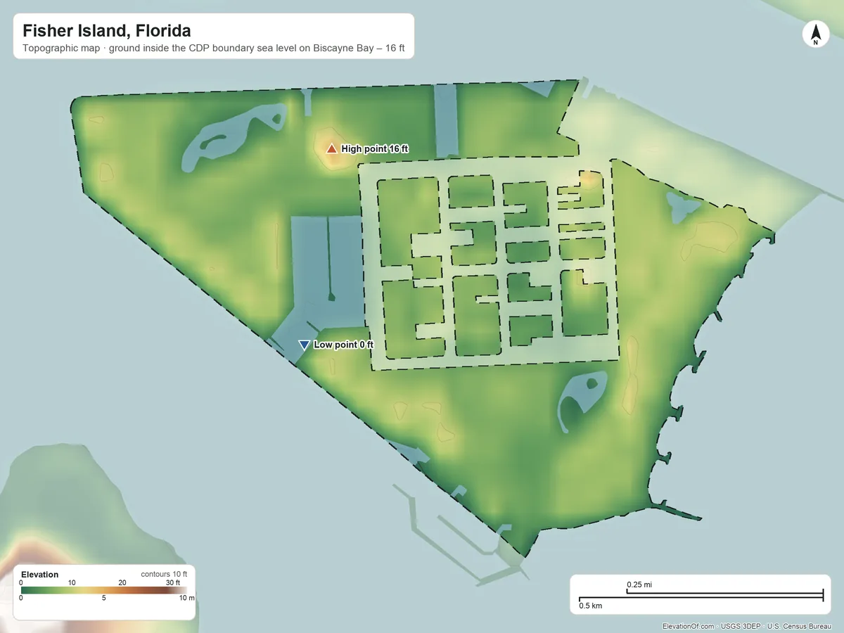 Topographic elevation map of Fisher Island, Florida, shaded from sea level level on Biscayne Bay to 16 ft on the north side
