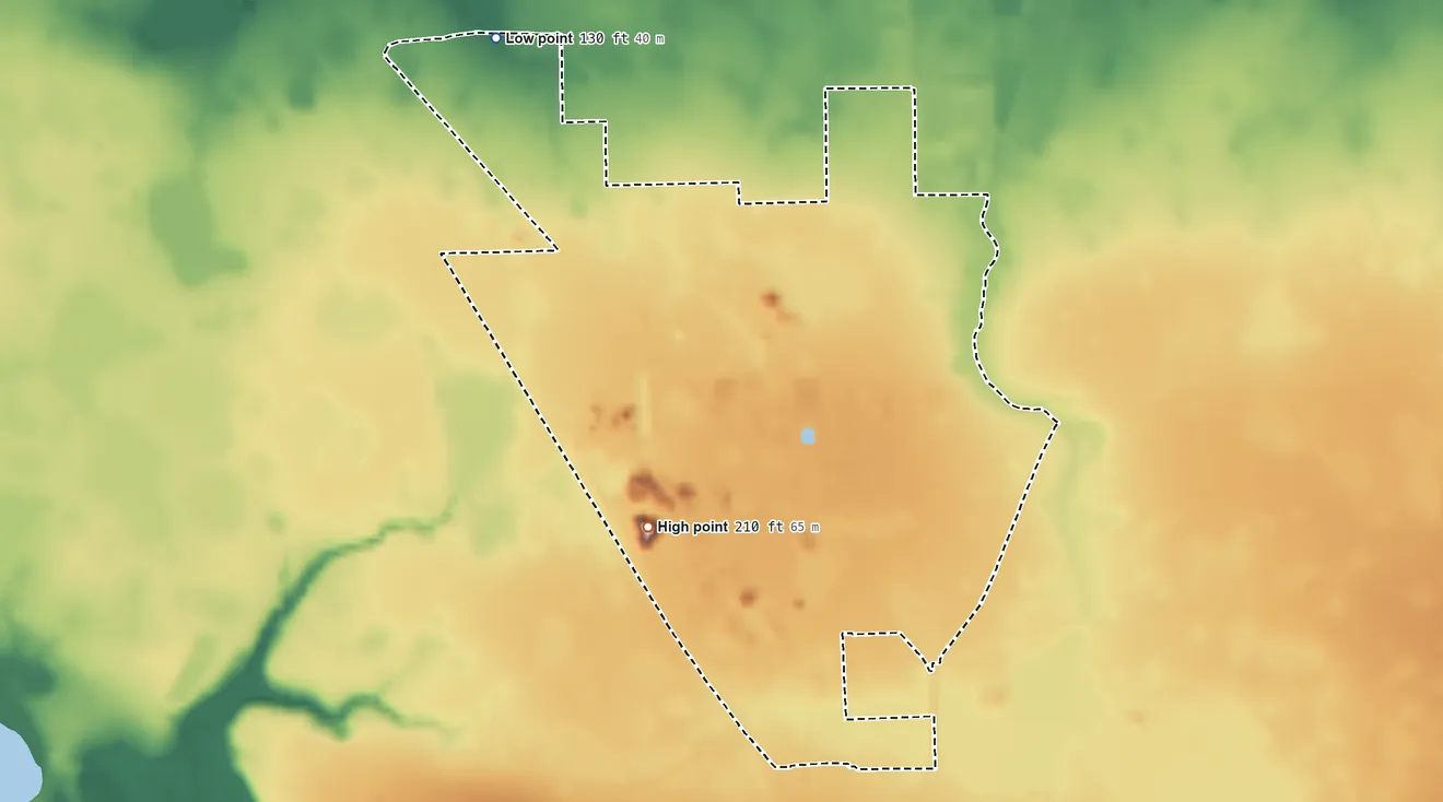 Topographic elevation map of Five Points, Florida, shaded from 130 ft on the northwest side to 210 ft on the west side