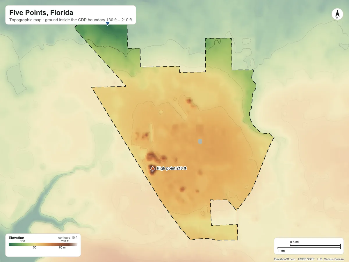 Topographic elevation map of Five Points, Florida, shaded from 130 ft on the northwest side to 210 ft on the west side