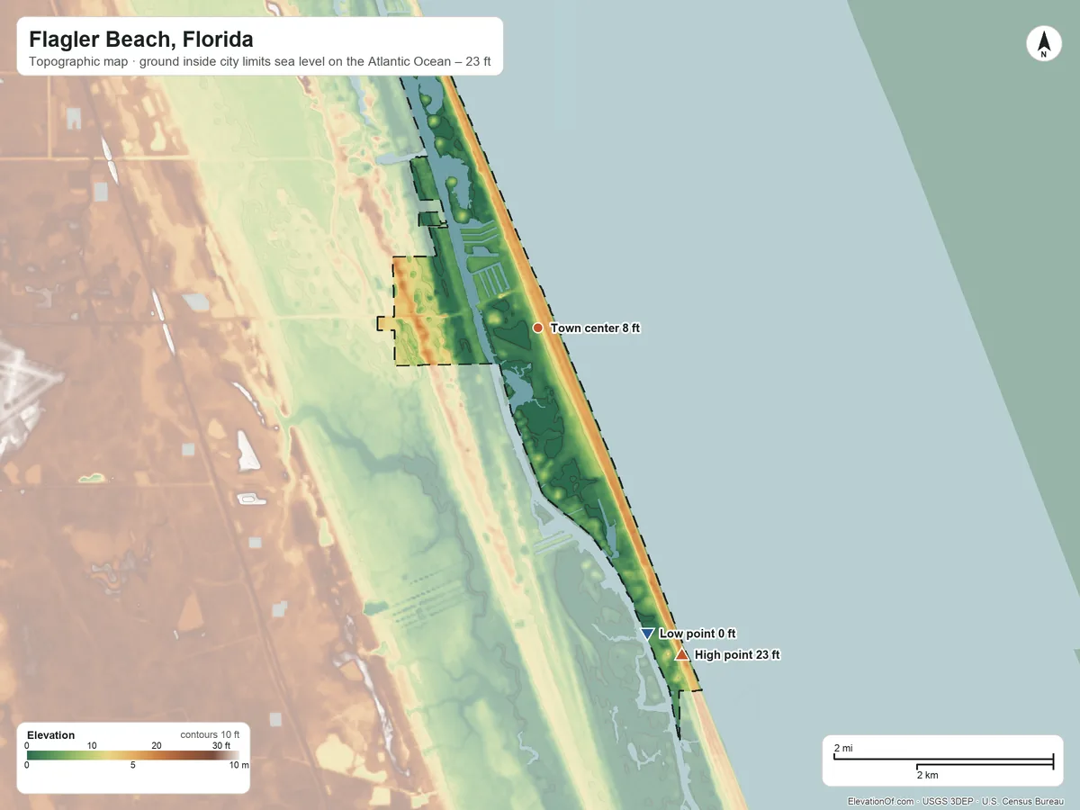 Topographic elevation map of Flagler Beach, Florida, shaded from sea level level on the Atlantic Ocean to 23 ft on the southeast side