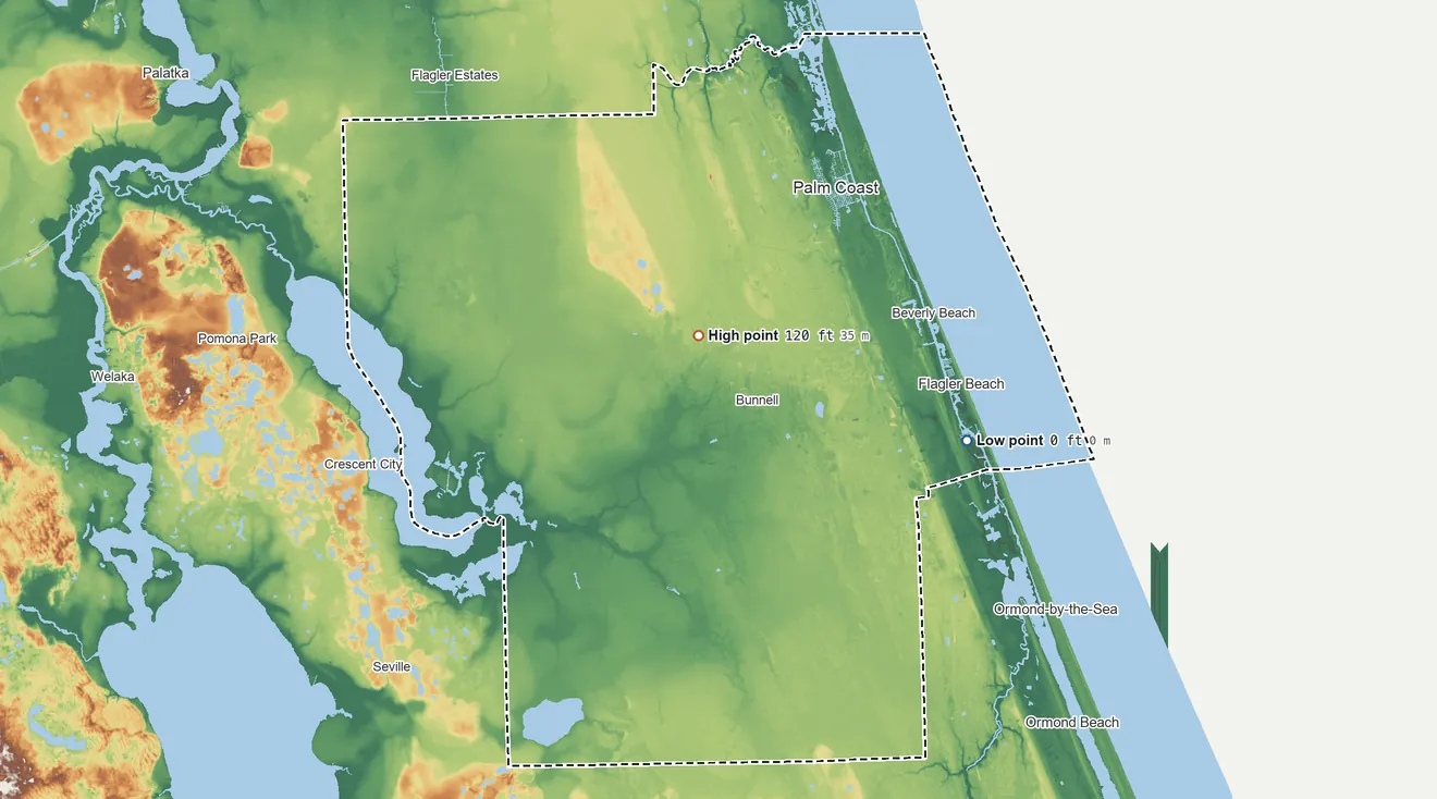 Topographic elevation map of Flagler County, Florida, shaded from sea level on the Atlantic Ocean to 120 ft near the middle