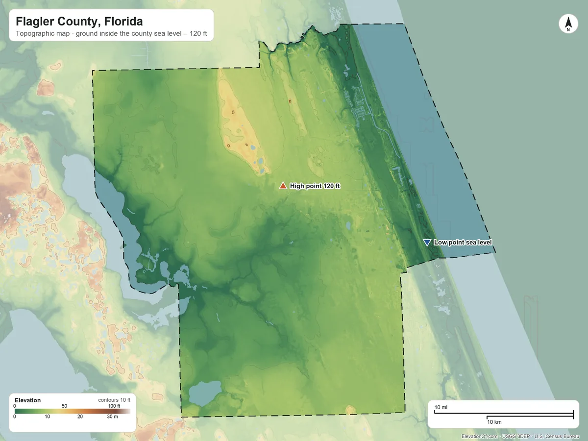 Topographic elevation map of Flagler County, Florida, shaded from sea level on the Atlantic Ocean to 120 ft near the middle
